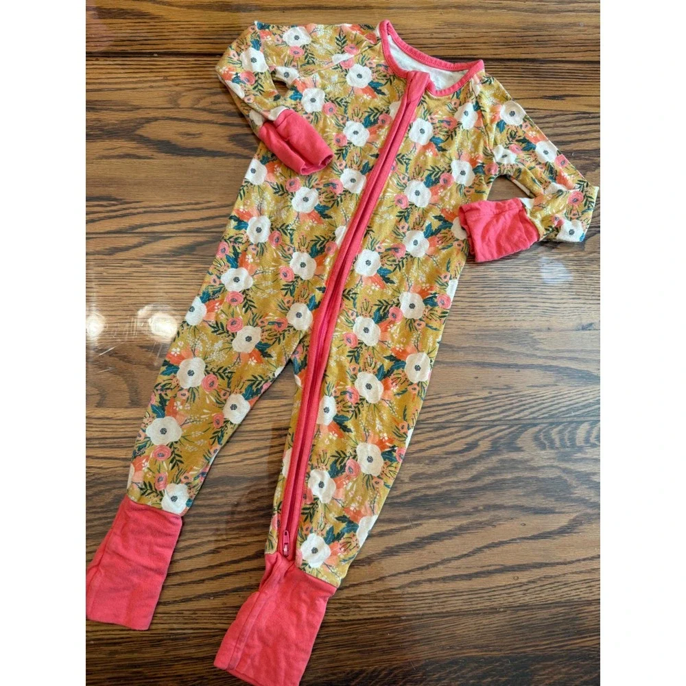 Mighty Mav Apparel Footie Kids 6-12M Yellow Floral Bamboo Double Zip Sleeper